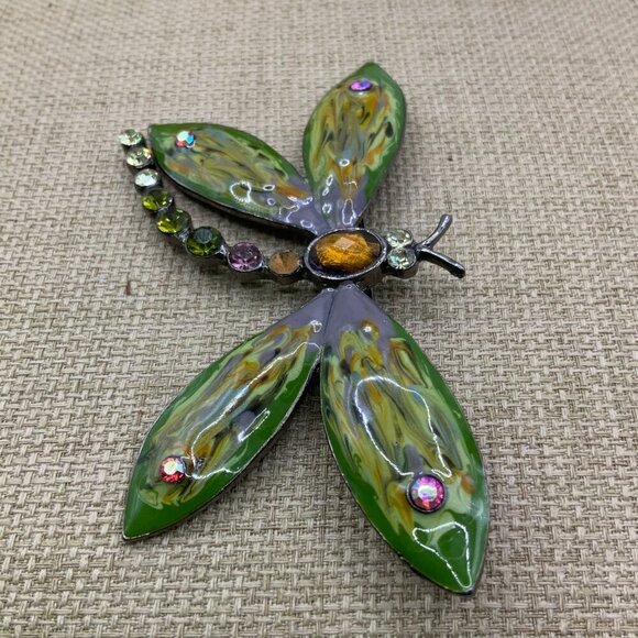Dragonfly Enamel Multi Colored Rhinestone Gun Metal Brooch Pin - Picture 4 of 8